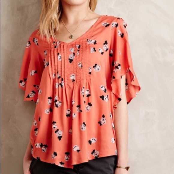 Anthro Maeve Coral Floral Flutter Pin-tuck Blouse Top - Picture 4 of 10